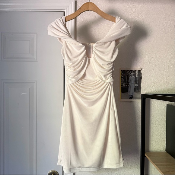 MISHA off white chunky knit ruched bodycon off shoulder mini dress -  cruiseboatoman.com